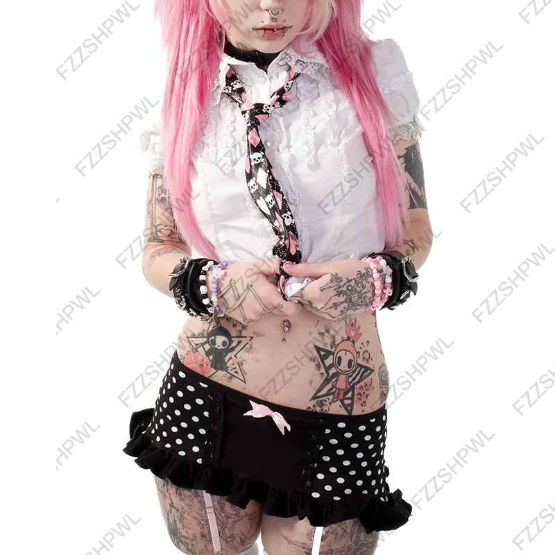 Falda Y2K estilo subcultura Harajuku con estampado de lunares, minifalda de moda, estilo rock gótico para chicas atrevidas, falda en línea A, estilo punk chic, faldas de tiro bajo.