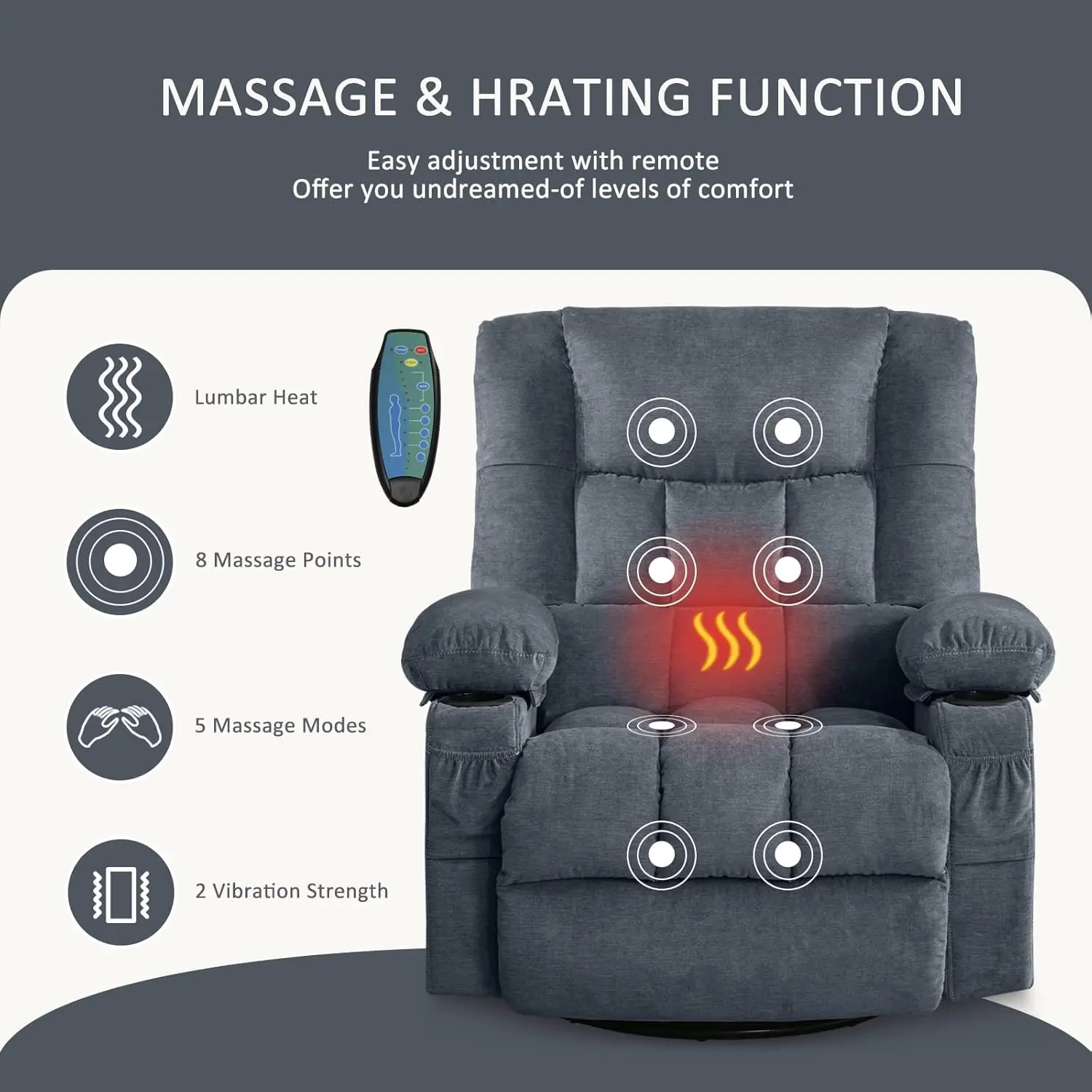 Draaibare schommelfauteuil met vibratiemassage en warmte Ergonomische loungestoel voor woonkamer met schommelfunctie