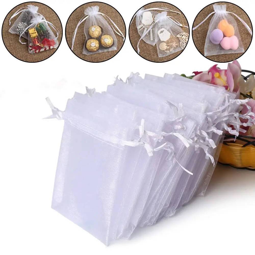 25/50PCS Drawable Party Supply Wedding Christmas Favor White Pouches Organza Gauze Sachet Gift Bags Drawstring Pocket