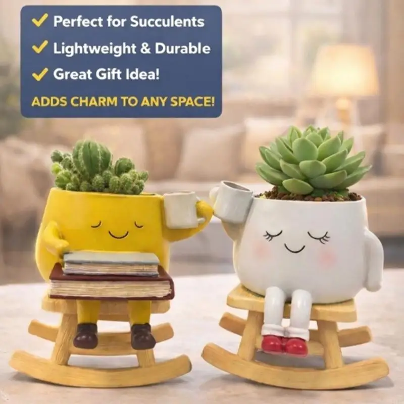 Character Flower Pot 1Pair with Closed-Eye Faces, Molded Construction and Bottom Drainage Holes for Desk and Windowsill Foliage
