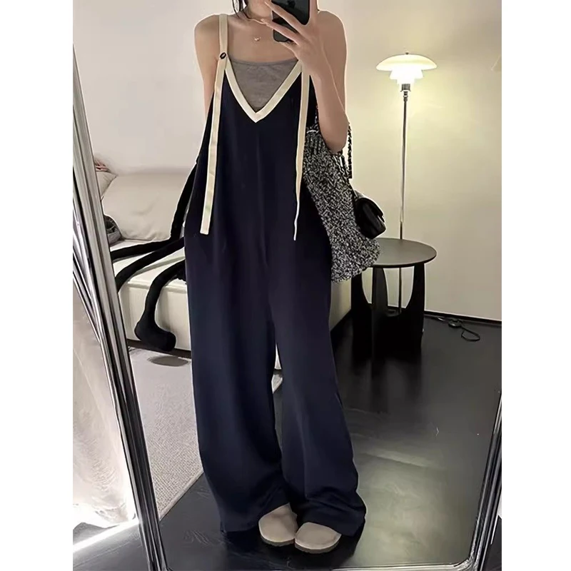 Frauen trend ige Kontrast farbe lässig Streetwear übergroße Overalls mit weitem Bein y2k weibliche Sommer sexy tiefe V-Ausschnitt ärmellose Stram pler