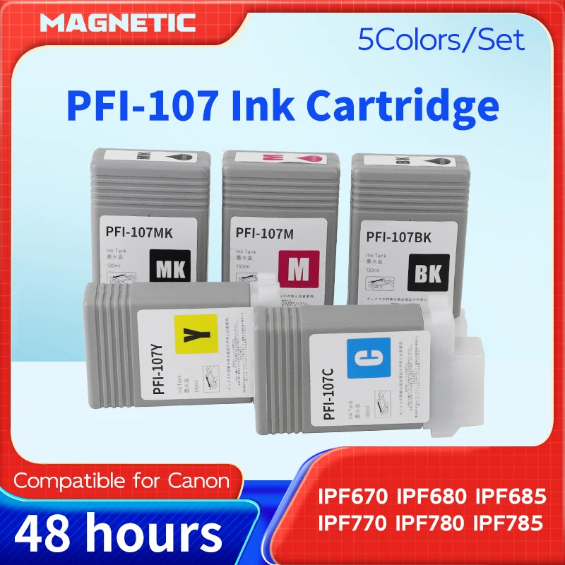 130ML Ink Cartridge With Chip, 5Colors PFI-107 PFI107 PFI 107, For Canon iPF670 iPF680 iPF685 iPF770 iPF780 iPF785 Printer