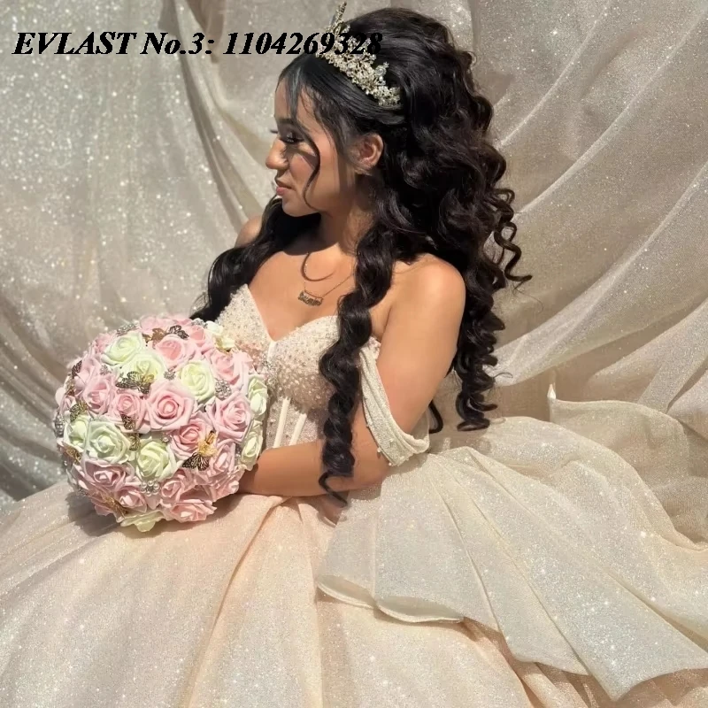 EVLAST ที่กําหนดเอง Glitter แชมเปญ Quinceanera ชุด Applique คริสตัลประดับด้วยลูกปัดโบว์หวาน 16 ชุด Vestidos 15 De XV Años E3Q896