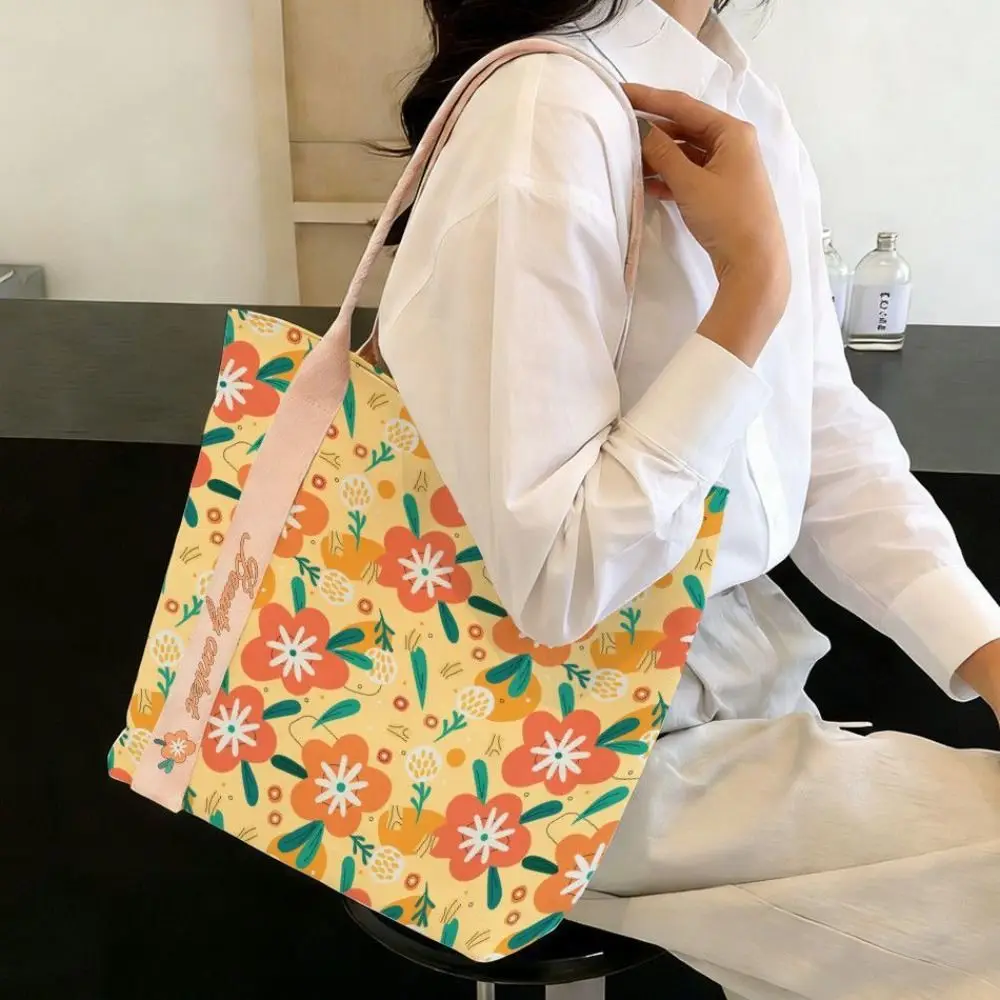 Cute Orange Flower Print Canvas Bag Large Capacity Reusable Shoulder Bag Versatile Lightweight Lunch Bag Work