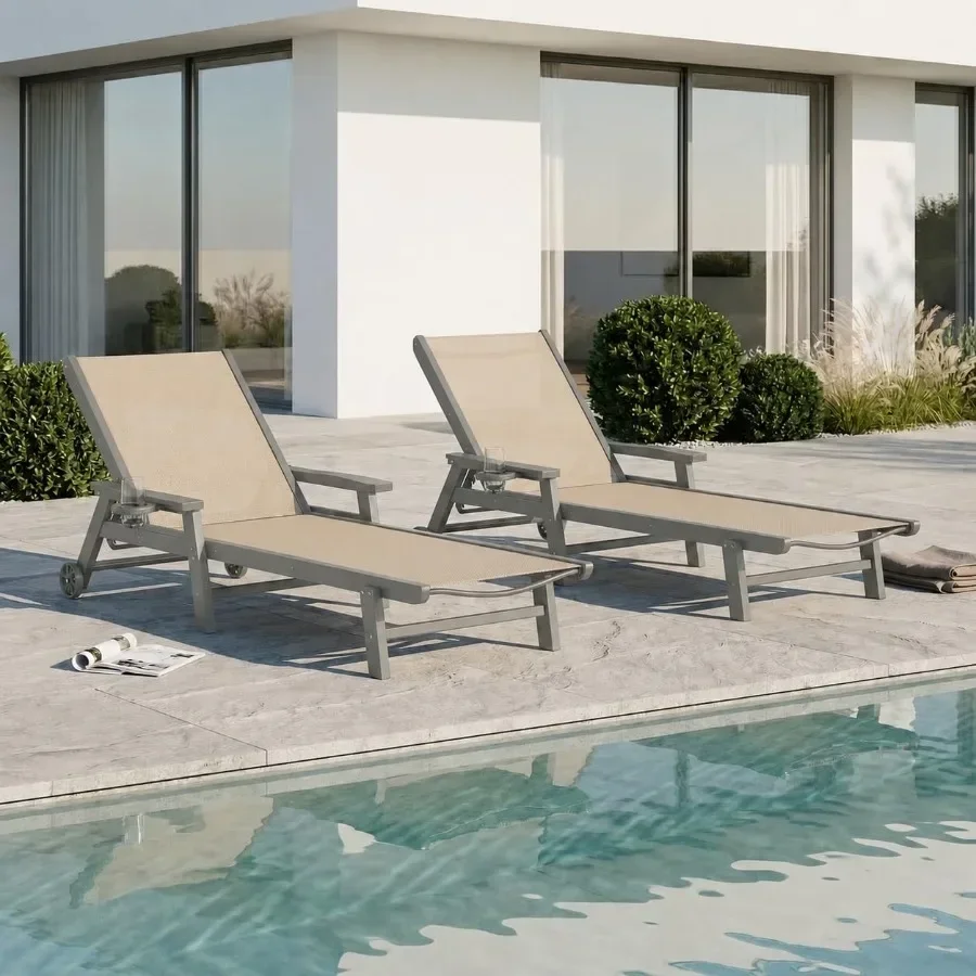 HDPE 5 Positions Chaise Lounge Outdoor Set of 2 with Wheels, Textilene Fabric Pool Lounge Chairs for Patio, Deck, Beach Frame