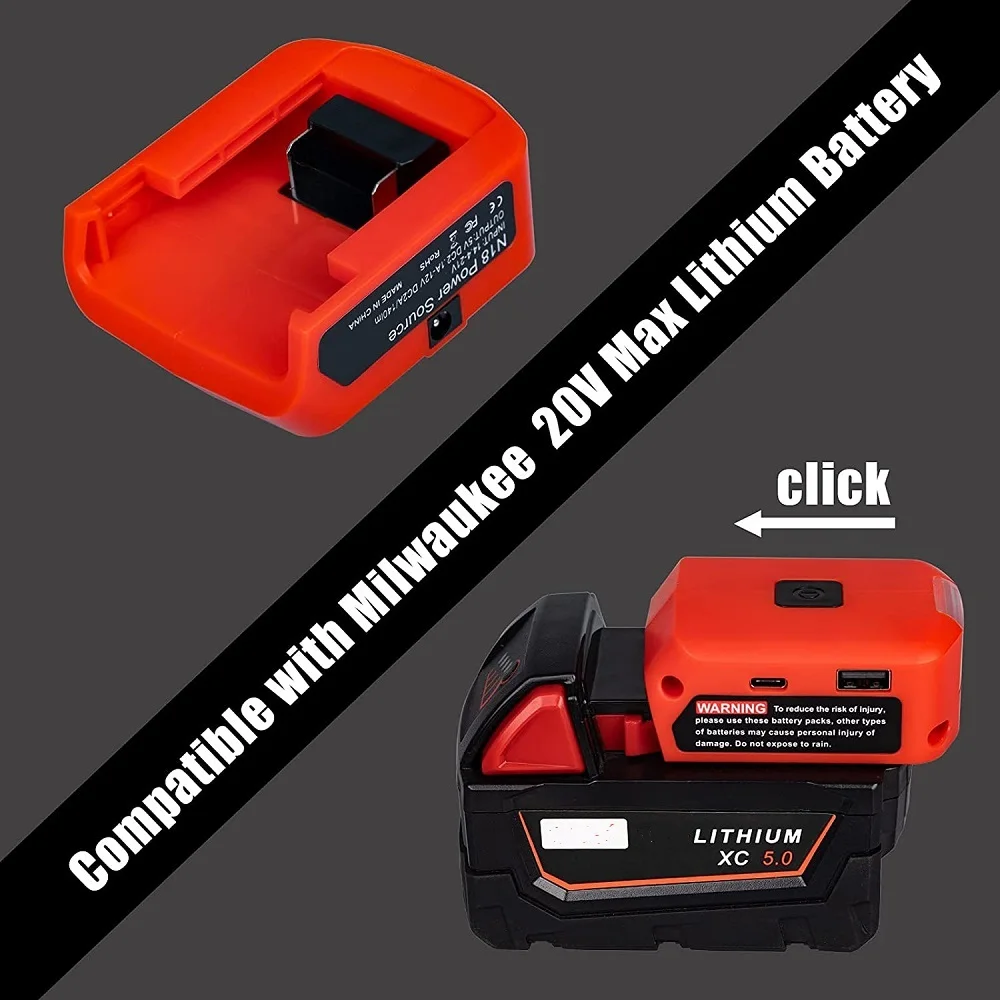 Battery Adapter For Milwaukee M18 18V Battery DC 12V/2A LED Light USB Charger Power Source With Type C Port For Heated Jacket