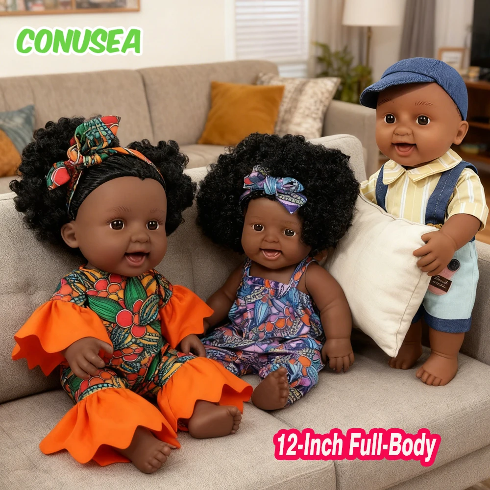 

12-Inch Full-Body Dolls for Girls Vinyl Deep Black Doll with Hair Clothes Fat Boy Doll Realistic Silicone Baby Christmas Gifts