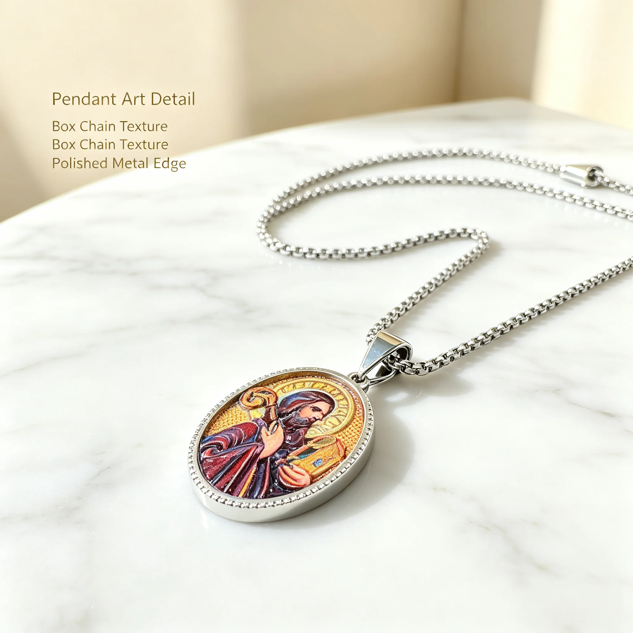 Vintage Saint Joseph Religious Oval Pendant Necklace Polished Metal Edge Box Chain Christian Belief Devotional Charm Neck