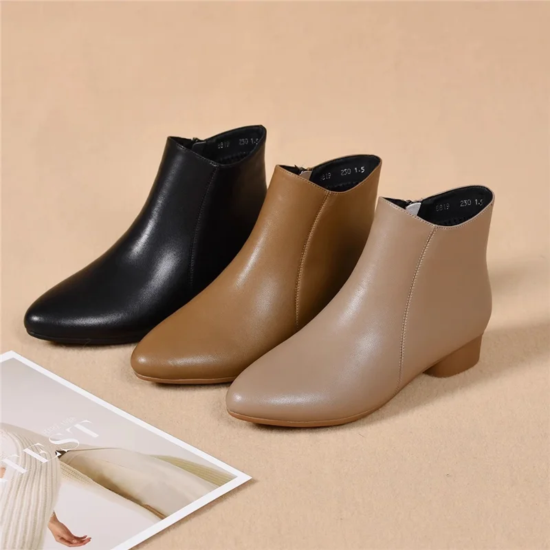 

Genuine Leather Boots Women's Soft Cowhide Flat Bot Thiened Autumn Winter ort Boots Pointed Toe Chunky Heel