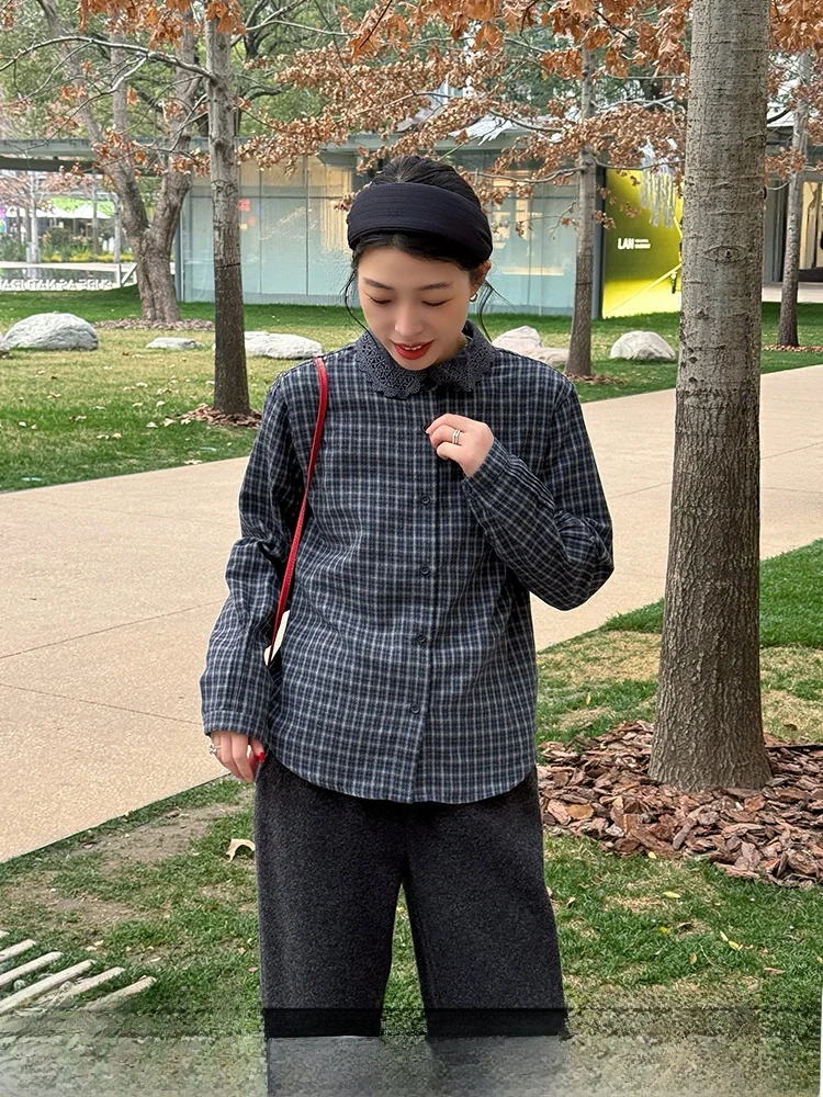 

Bebe Home Doll Collar Plaid Casual Long Sleeve Women's Shirt Spring Design Unique Style Breathable Cotton Polyester Blend