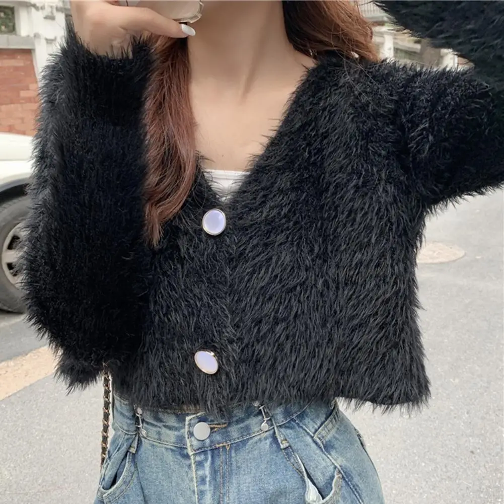 Women\'s Cardigan V Neck Long Sleeve Solid Color Two Buttons Sweater Fuzzy Autumn Winter Copped Sweater кофта женская