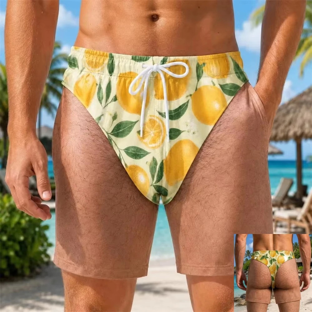 Lustige Herren-Badeshorts mit visueller Illusion, Leoparden-String-Print, schnelltrocknende Badehose, lässige, neuartige Party-Badebekleidung – Detail 6