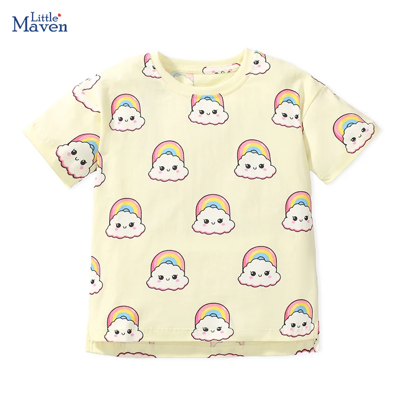 

Little maven 2024 Children Wears Kids Clothes Girls Summer Tops Tees Shirts Cotton Cartoon Rainbow Children's Clothing Cotton