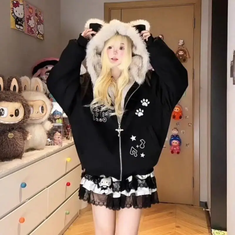 

Anime Hello Kitty Women's Hoodie Jacket Wool Collar Cotton Jacket Girls Winter Coat Thick Warm Cotton-Padded Jacket Y2K Parkas