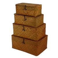 Seagrass Storage Baskets With Lids, Woven Rectangular Basket Bins, Wicker Storage Organizer For Shelf, Set Of 4