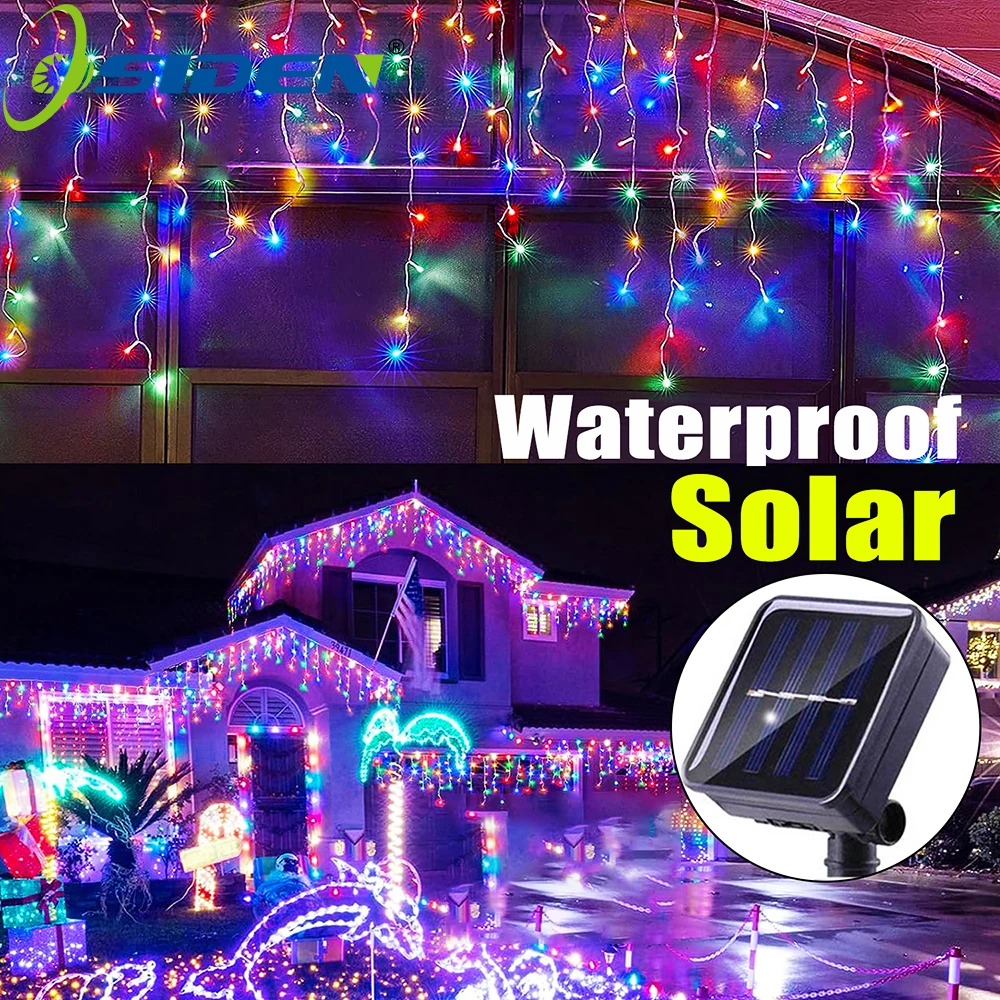 LED Solar lcicle String Lights Outdoor Curtain Fairy Lights 8 Modes Christmas Landscape Lights Party Garden Decoration Light