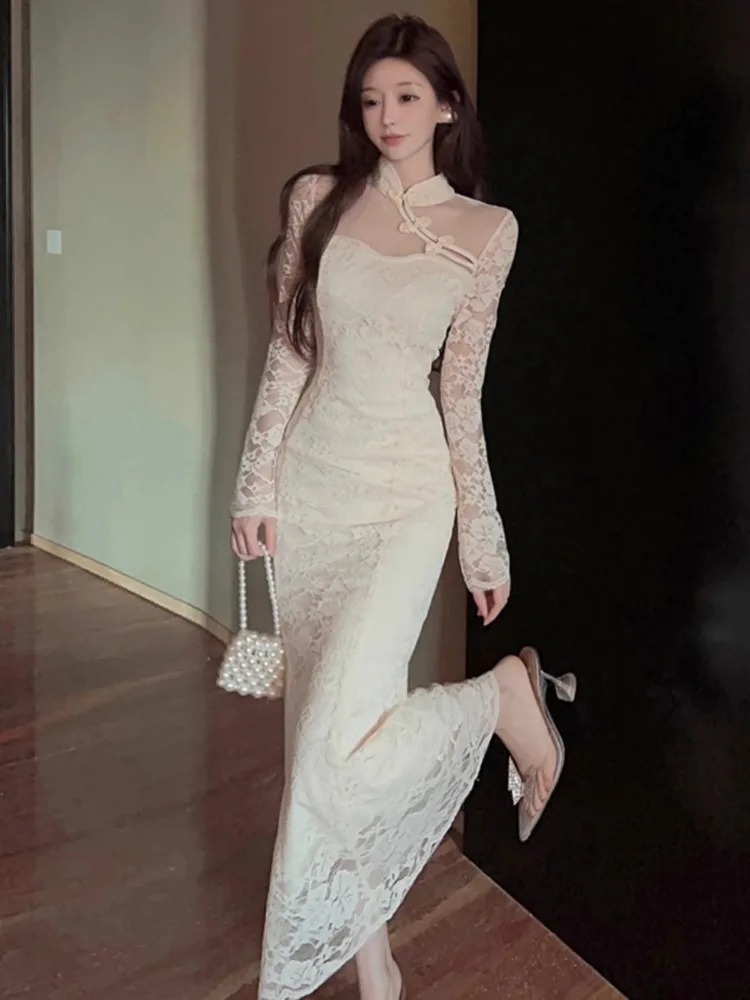 Topanoma Temperament Evening Dresses Women Sexy Lace Patchwork Long Sleeve Slim Mermaid Dress Elegant Wedding Party Cocktail