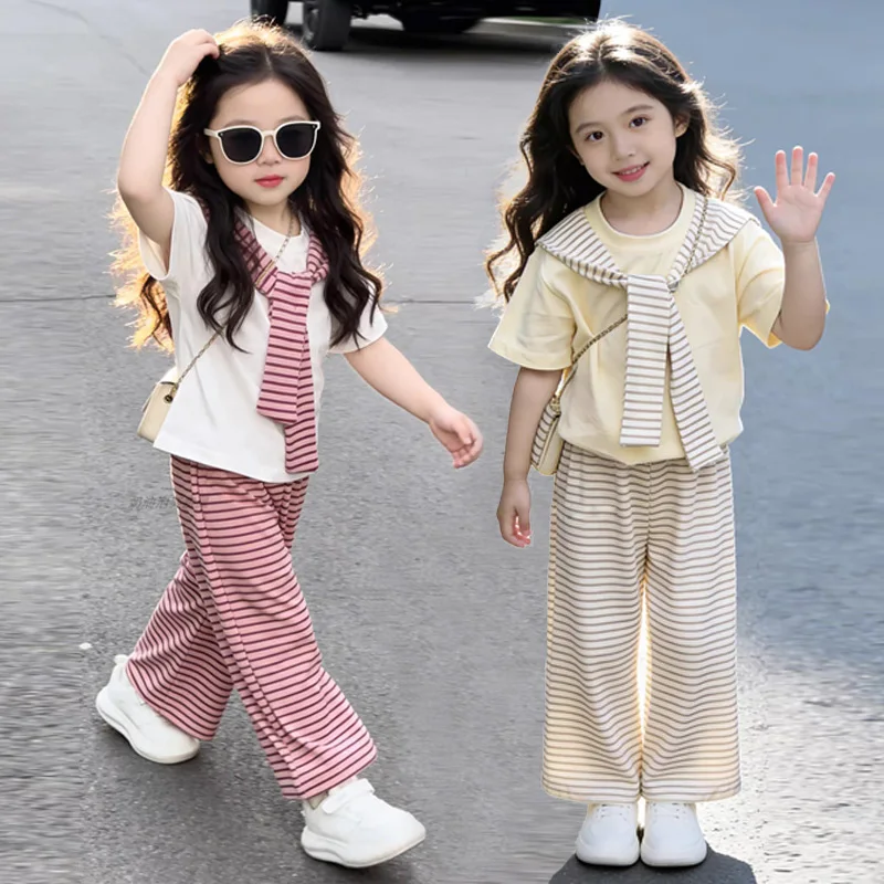 Summer Girls Sets Children Short-sleeved Suit Kids T-shirt With Stripes Shawls+Wide-leg Pants 2Pcs Outfits Teen Casual Clothes