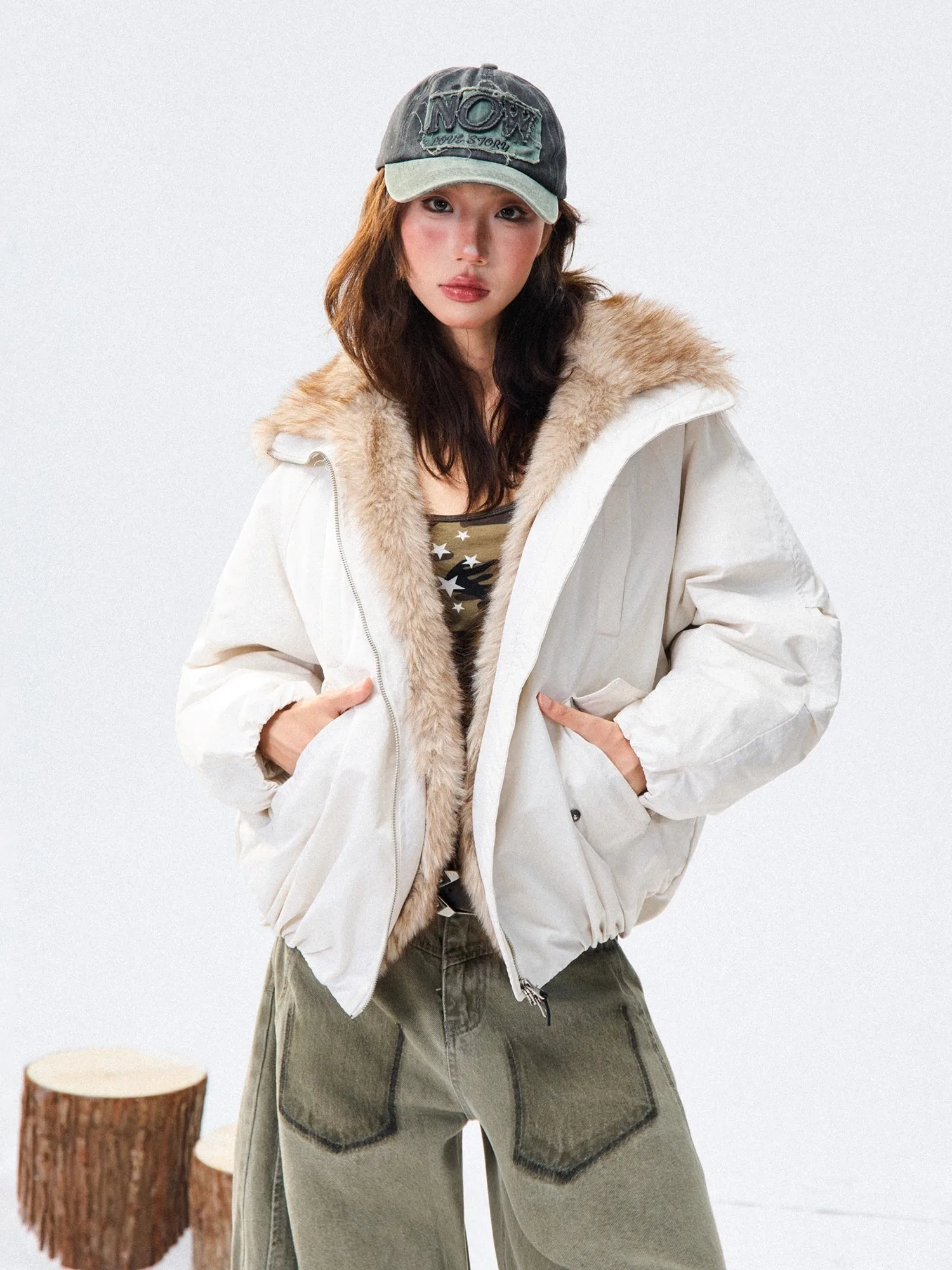 

Street Sle ex Loose Fit Cotton Jaet with Fur Collar Warmth Guaranteed Mountain Eagle Design Winter Outerwear Coat