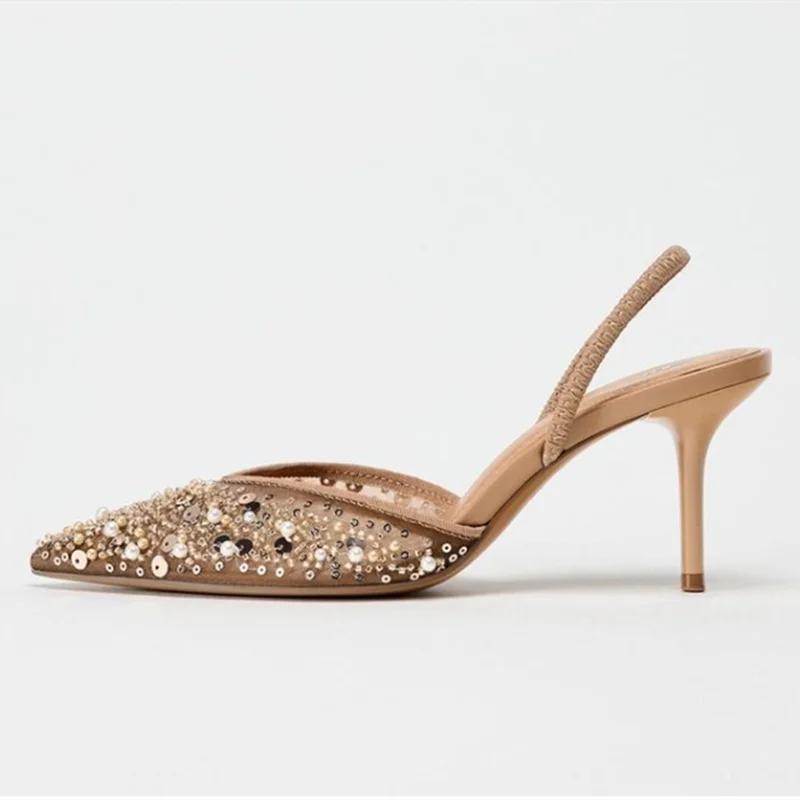 Luxury Designer Bling String Bead Mesh High Heels Women Sexy Pointy Toe Breathable Heeled Sandals Elegant Slingbacks Women Pumps image 5