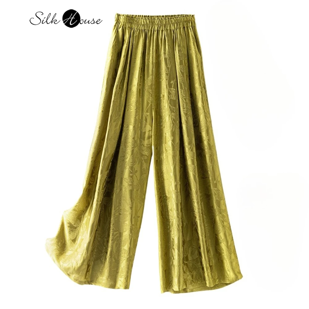 

100% Natural Mulberry Silk Jacquard Satin Autumn Fragrance Green Elastic Flower Bud Waist Loose Women's Summer Wide Leg Pants