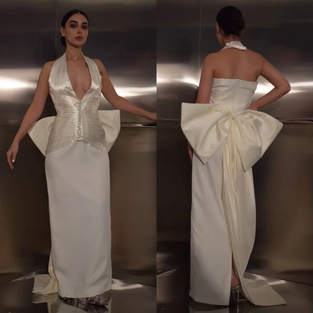 

Customized High Quality Jersey Bow Sequined Pleat Straight Halter Long Dresses Bespoke Occasion Exquisite Intricate