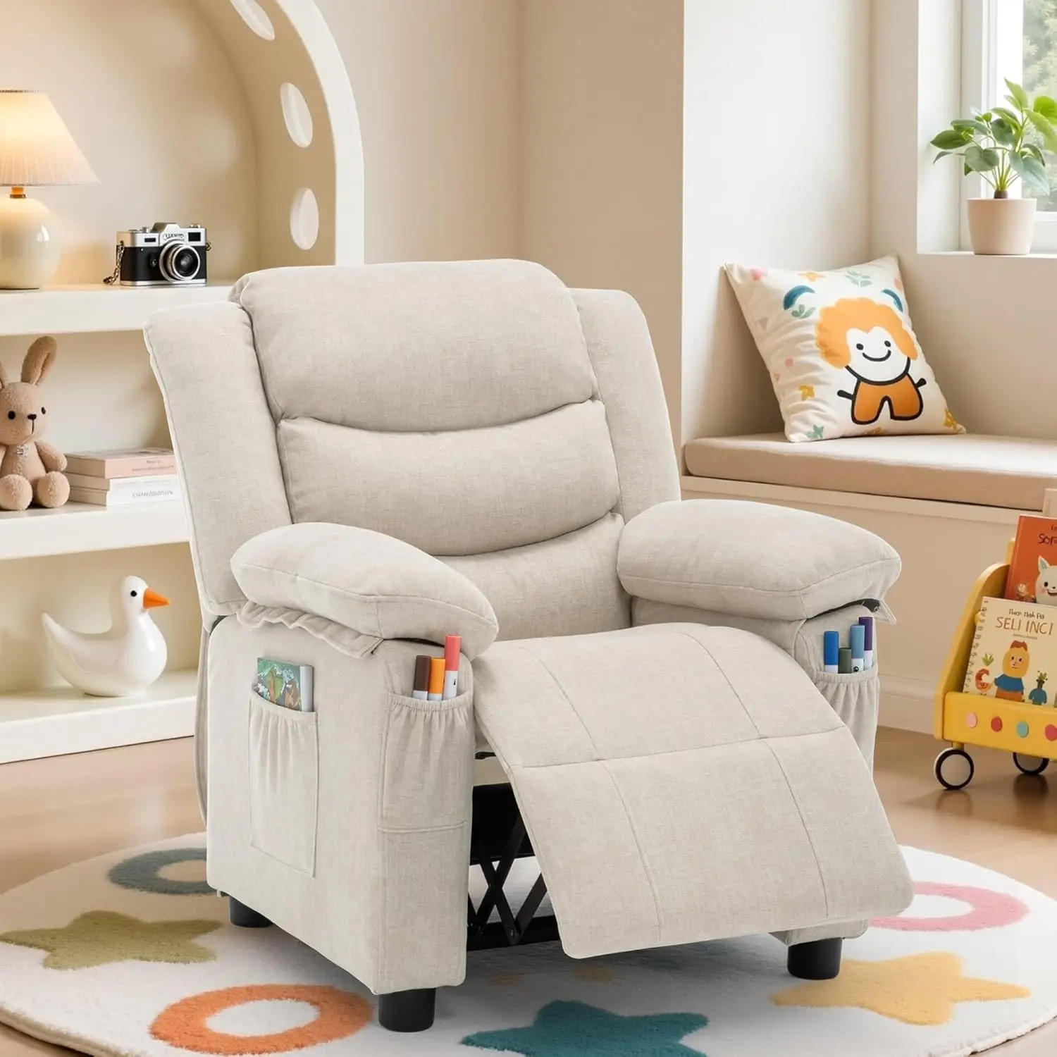 

Kids Recliner Chair, Push Back Toddler Recliners with Side Pockets, Child Recliner with Footrest, Cashmere Fabric, Customized