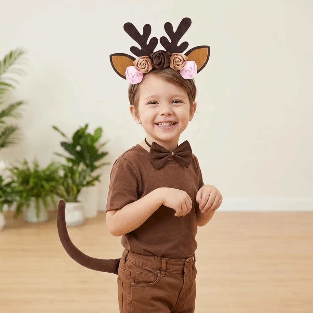 Cute Antler Elk Costume Set Bow Tie Tail Reindeer Hair Hoop Hair Accessories Flower Xmas Hairband New Year