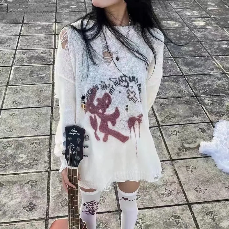 Gothic Hollow Out Y2k Knit Sweater Women Pullover Harajuku Streetwear Tops Long Sleeve Thin Coat Smock Sun Protection Tops New