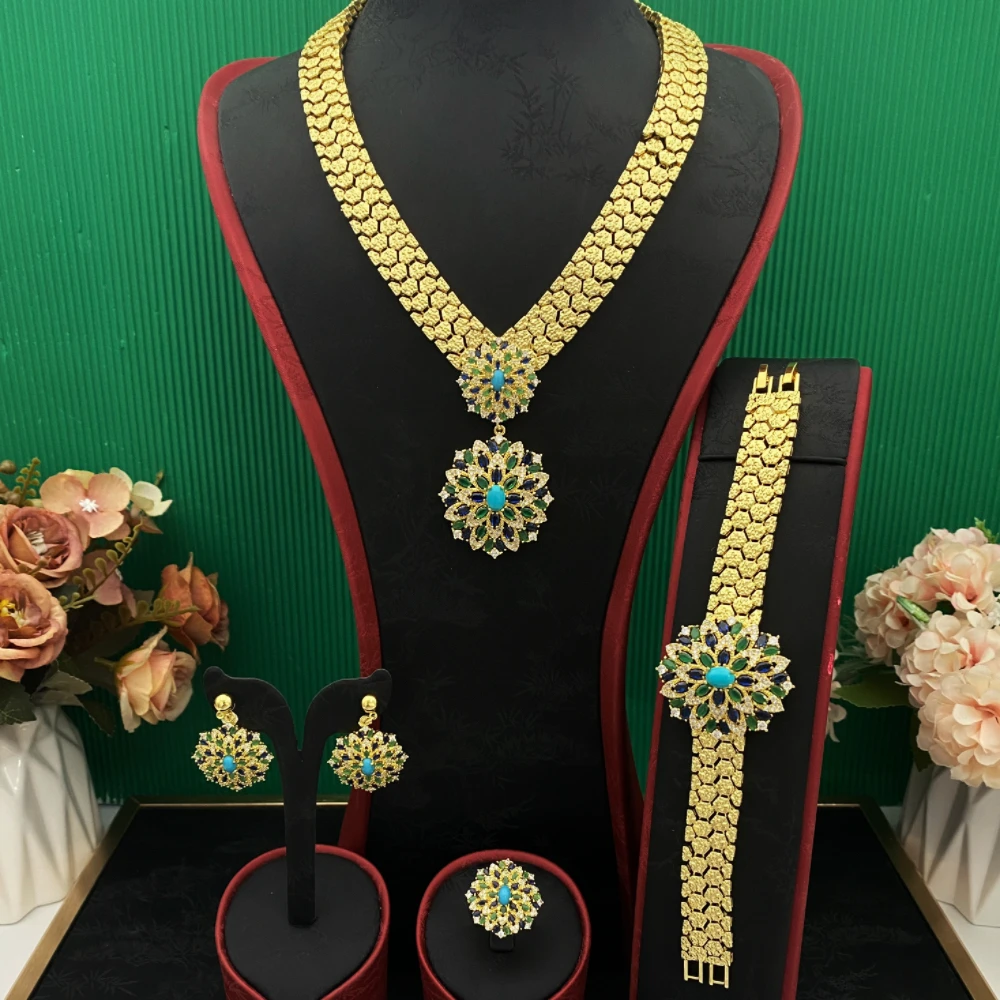 

Falair Gold Plated Copper Simulated Cubic Zircon Jewelry Set Dubai Eid Party Accessories Bracelet Ring Necklace Earrings