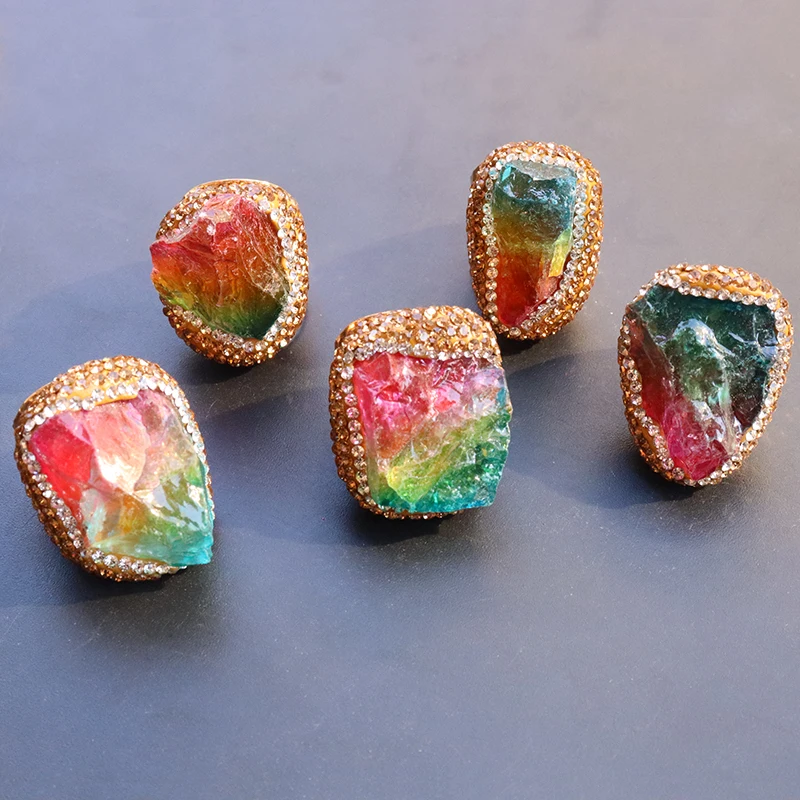 Irregular Rainbow Crystal Open Rings for Women Boho Micro Inlay Reiki Natural Stone Ring Wedding Jewelry with Tourmaline