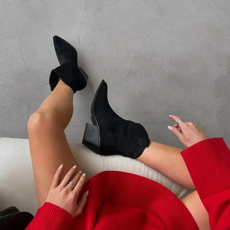 Autumn Winter Casual Western Cowboy Ankle Boots Fashion Women’s Platform Pointed Toe Designer Shoes Slip-On High Heels