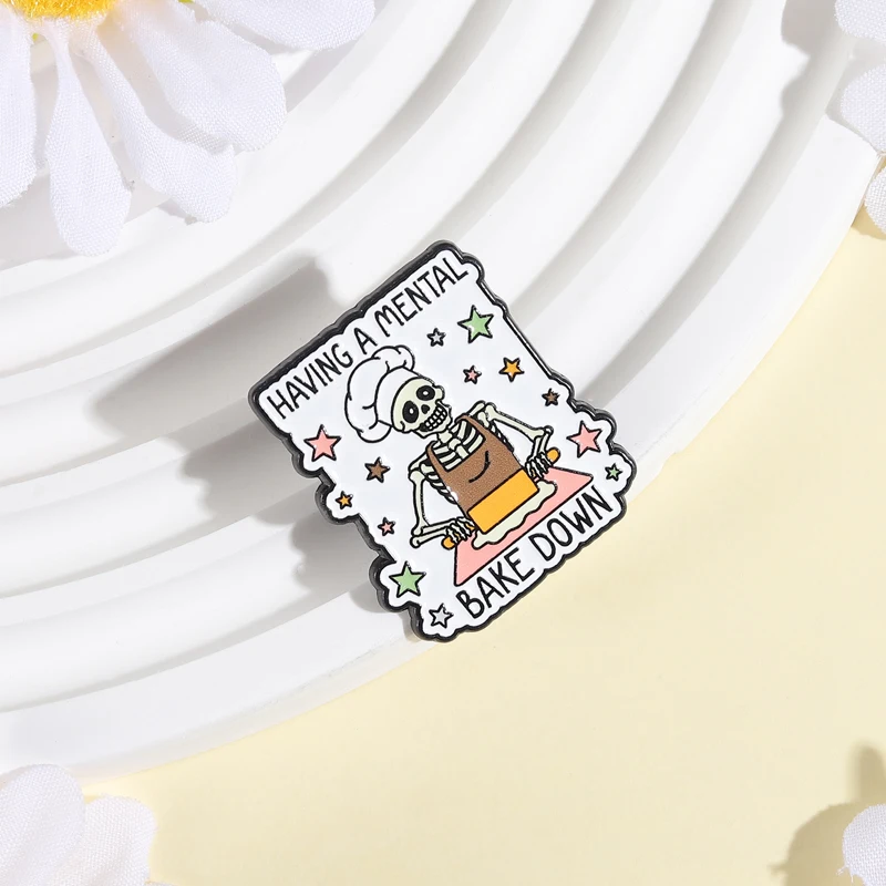 Having A Mental Bake Down Skeleton Chef Brooch Enamel Pins Creative Skull Kneading Dough Brooches Lapel Bags Badge Jewelry Gifts
