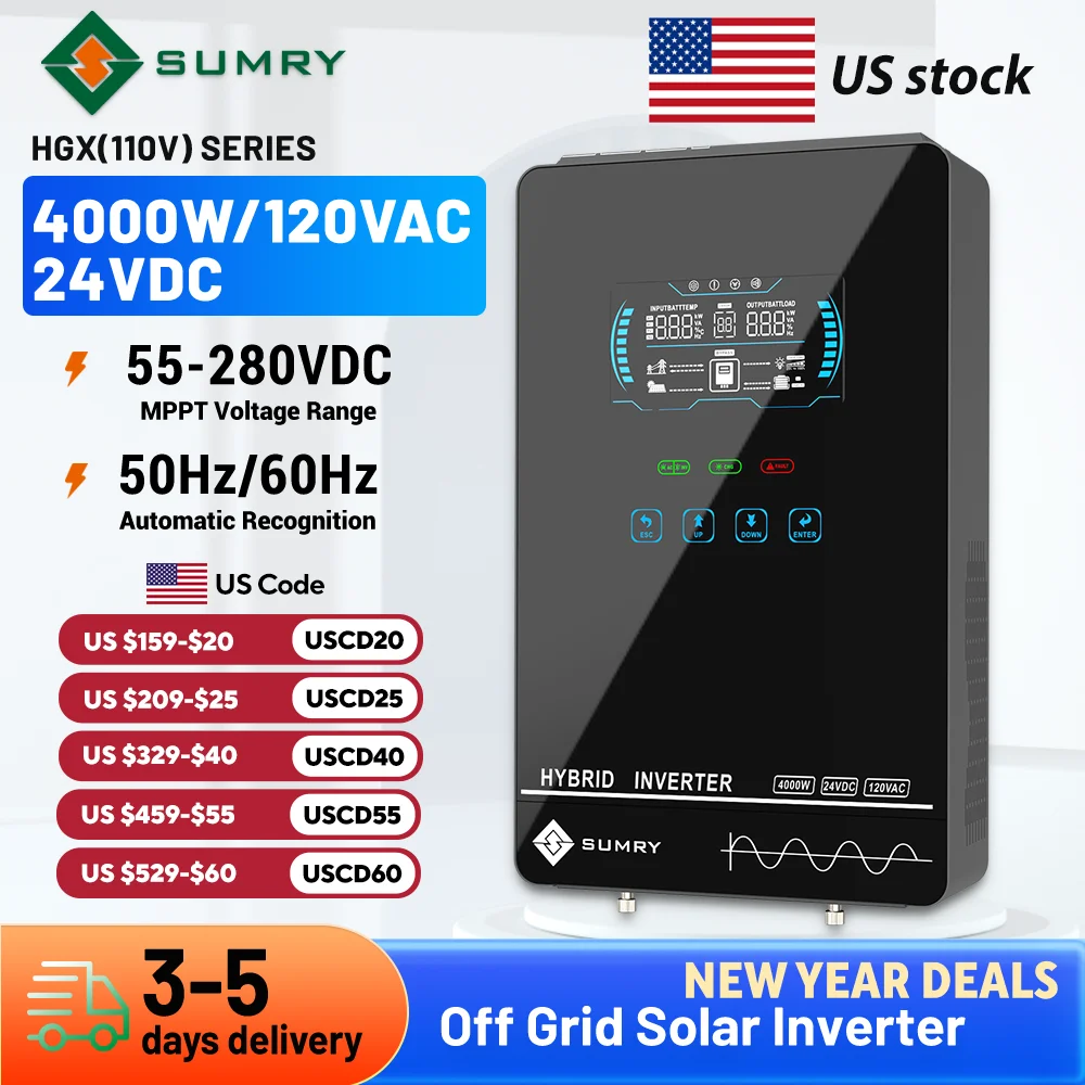 Sumry 4000W Off Grid Hybrid Inverter 24V 140A 5600W MPPT Solar Charger Pure Sine Wave Inverter for Home 6.25 Inch LCD Display