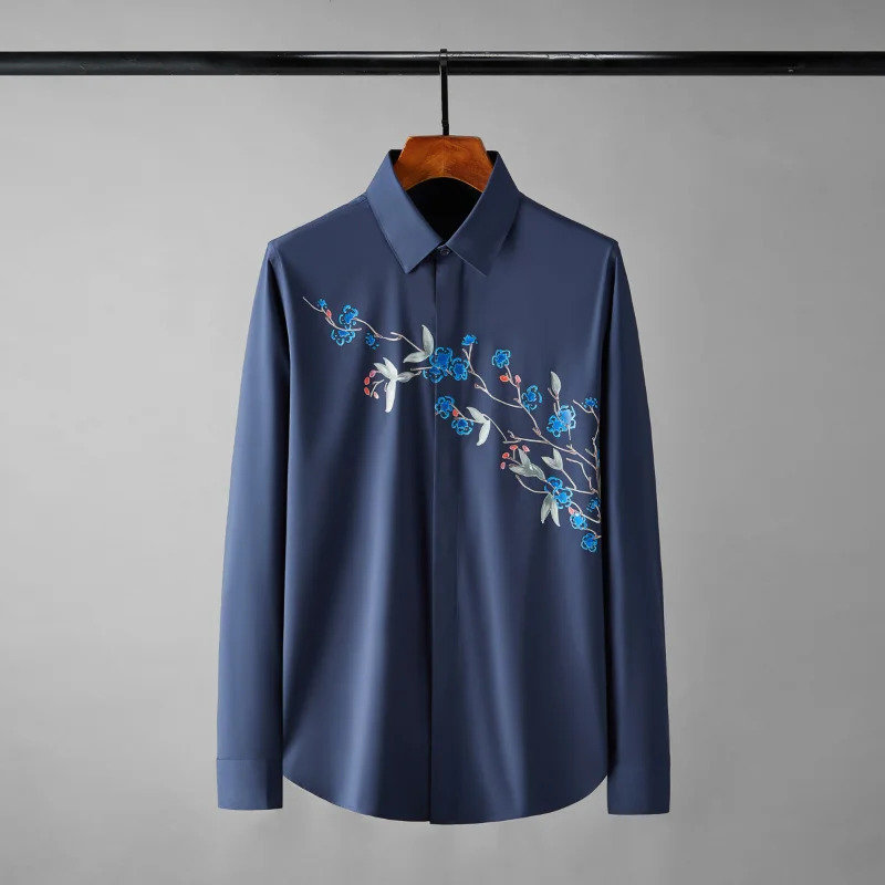 Minglu Rattan Leaf Printing Male Shirts Luxury Long Sleeve Solid Color Business Casual Mens Shirts Slim Fit Party Man Shirts 4XL