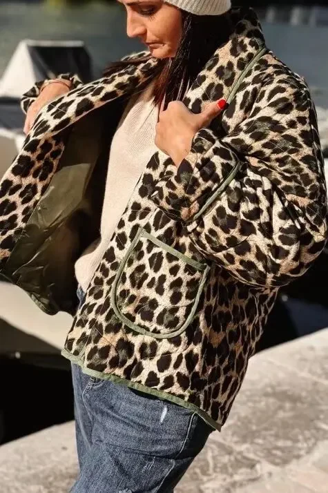 Cappotto in cotone con stampa leopardata donna tasche Patchwork con risvolto allentato giacca calda spessa femminile 2024 inverno New Fashion Lady Outwear