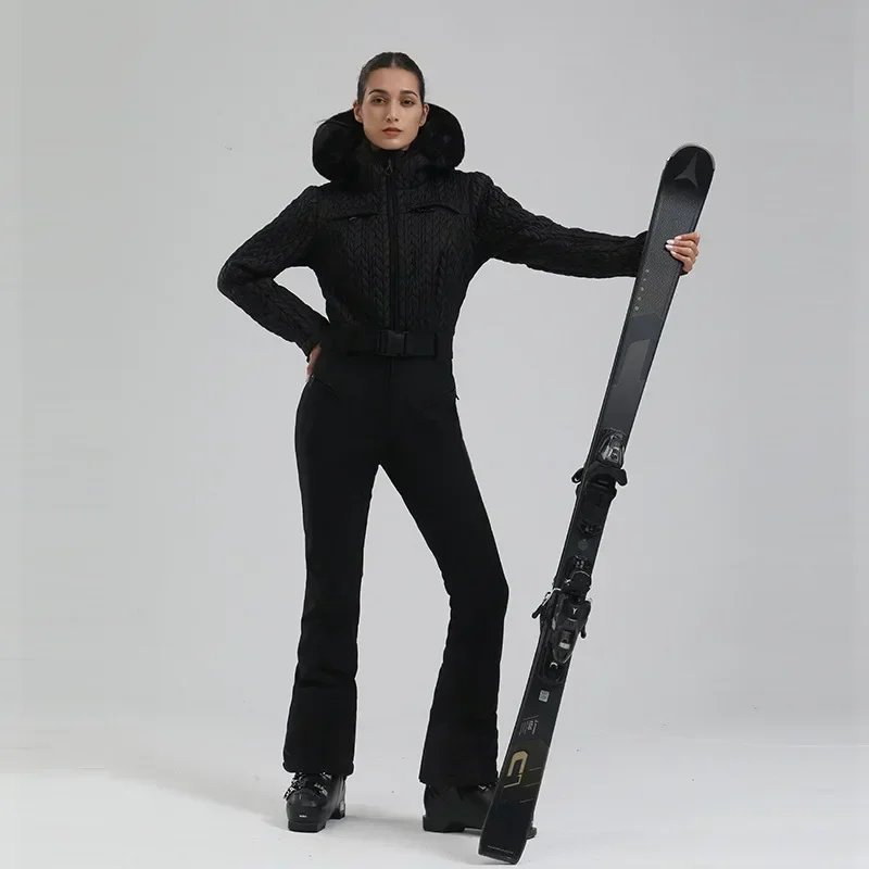 Winter New Fashion Windproof One Piece Ski Suit Hooded Slim Fit Solid Women Winter Outdoor Snowboard Sports Thermal Snow Clothes