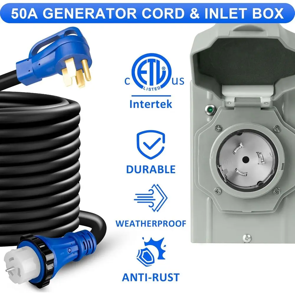 50 Amp Generator Cord and Inlet Box Combo Kit, 50T NEMA 14-50P to SS2-50R Cord, Pre-Drilled Inlet Box, Waterproo, UL & ETL Liste - view 5