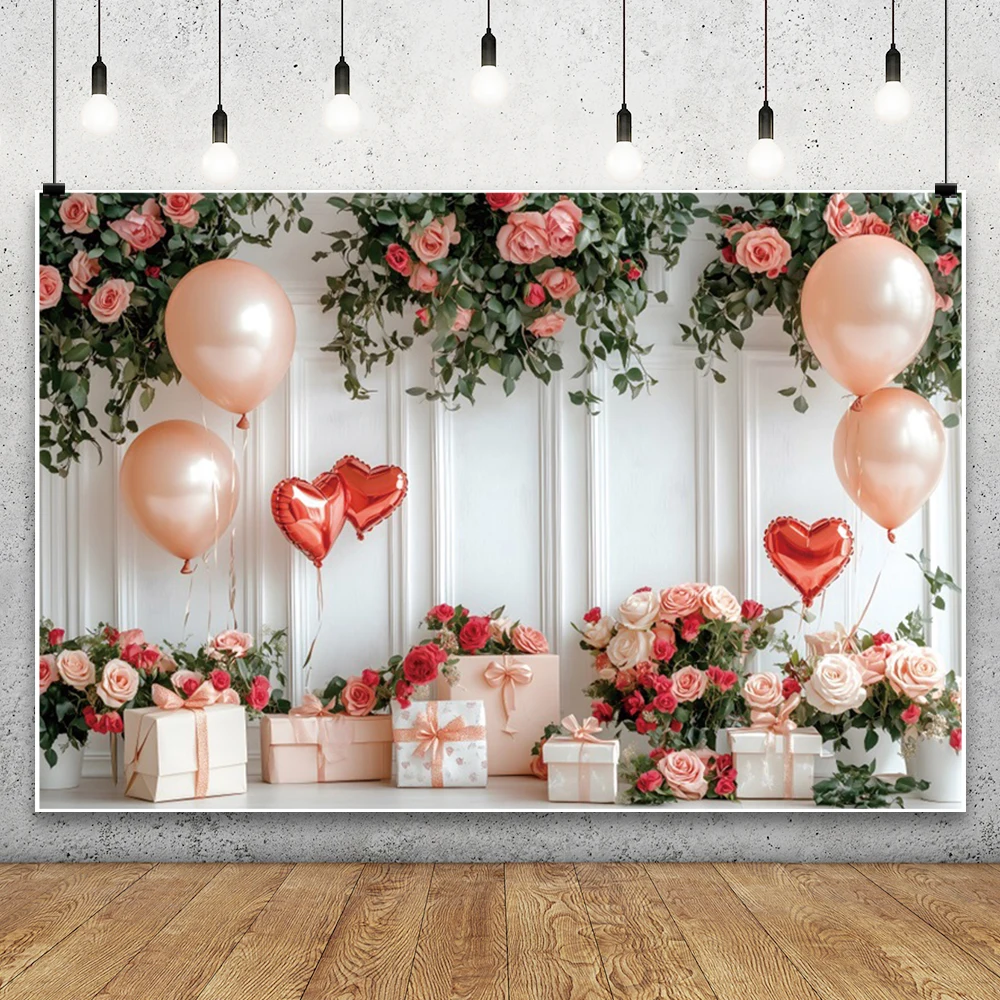 Valentine's Day Photography Background February 14th Retro Wall Love Balloons Rose Flower Bride Wedding Lovers Portrait Backdrop