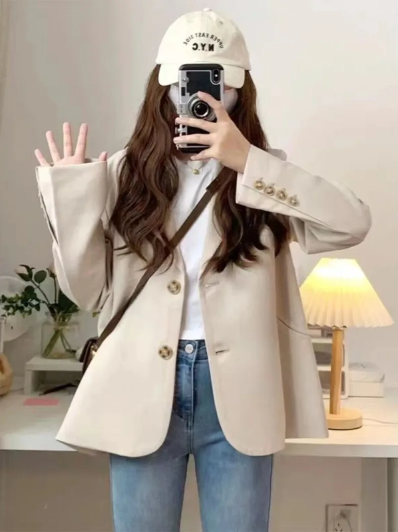 Female Coats and Jackets Spring Autumn Women's Blazers Solid Loose on Promotion Trend 2025 Long Sleeve Elegant Youth Outerwear