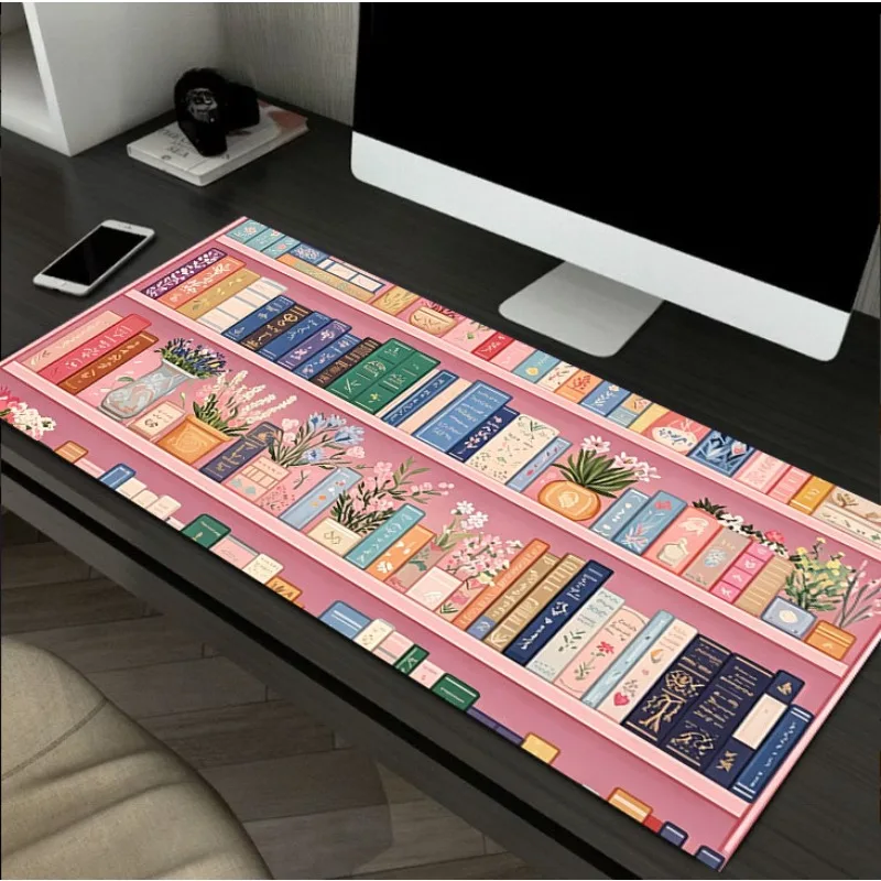 1pc Diatomaceous Earth Material Gaming Mouse Pad, Soft Pink Retro Bookshelf Floral Book Illustration Long Table Mat, Non-Slip Rubber Base, Smooth Surface