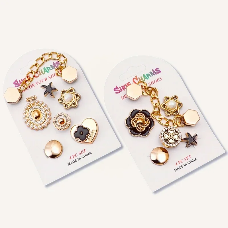 Metal Shoe Charms with Chain and Pearl, Black Gold Flower and Starfish Decoration Accessories for Clogs, Crocs and Sandals