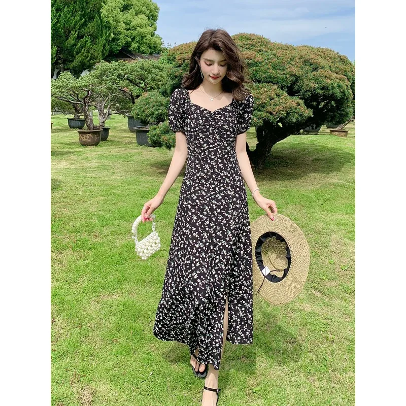 

2024 Office Lady Summer A-Line High Slit Dress Elegant Women Black Daisy Dresses Casual Female Bodycon Breathable Clothes New