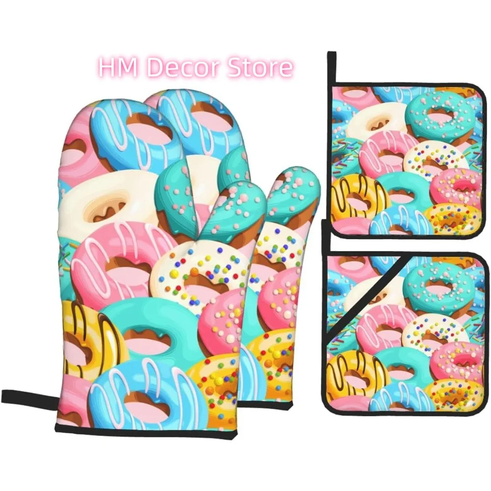 Cute Donut Doughnut Oven Mitts and Pot Holders Set of 4, Oven Mittens and Potholders Heat Resistant Gloves for Kitchen Cooking B