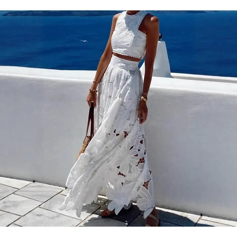 

2026 Spring and Summer Casual Lace Hollow Vest Top Skirt Set