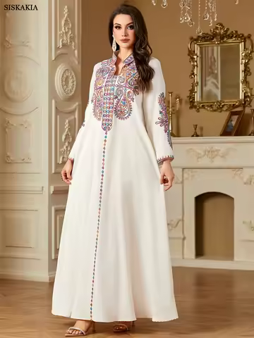Siskakia New Luxury Woman Evening Dress Abaya Morocco Embroidery Woman Abaya Dubai Elegant Sequins Kaftan
