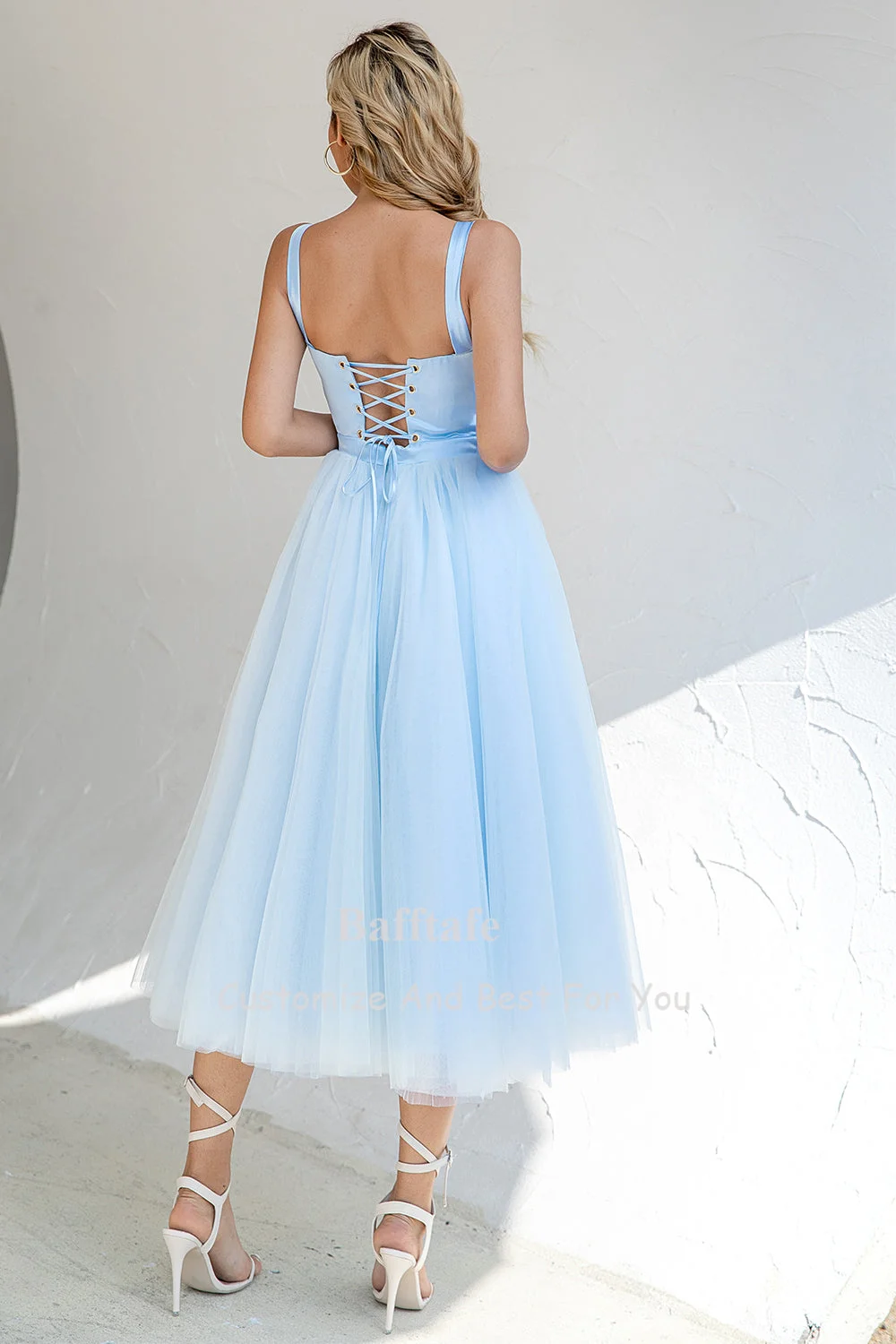 Bafftafe Simple Light Blue Tulle Women Formal Party Dresses Corset Back Tea-Length Homecoming Gowns Customized Bridesmaid Dress