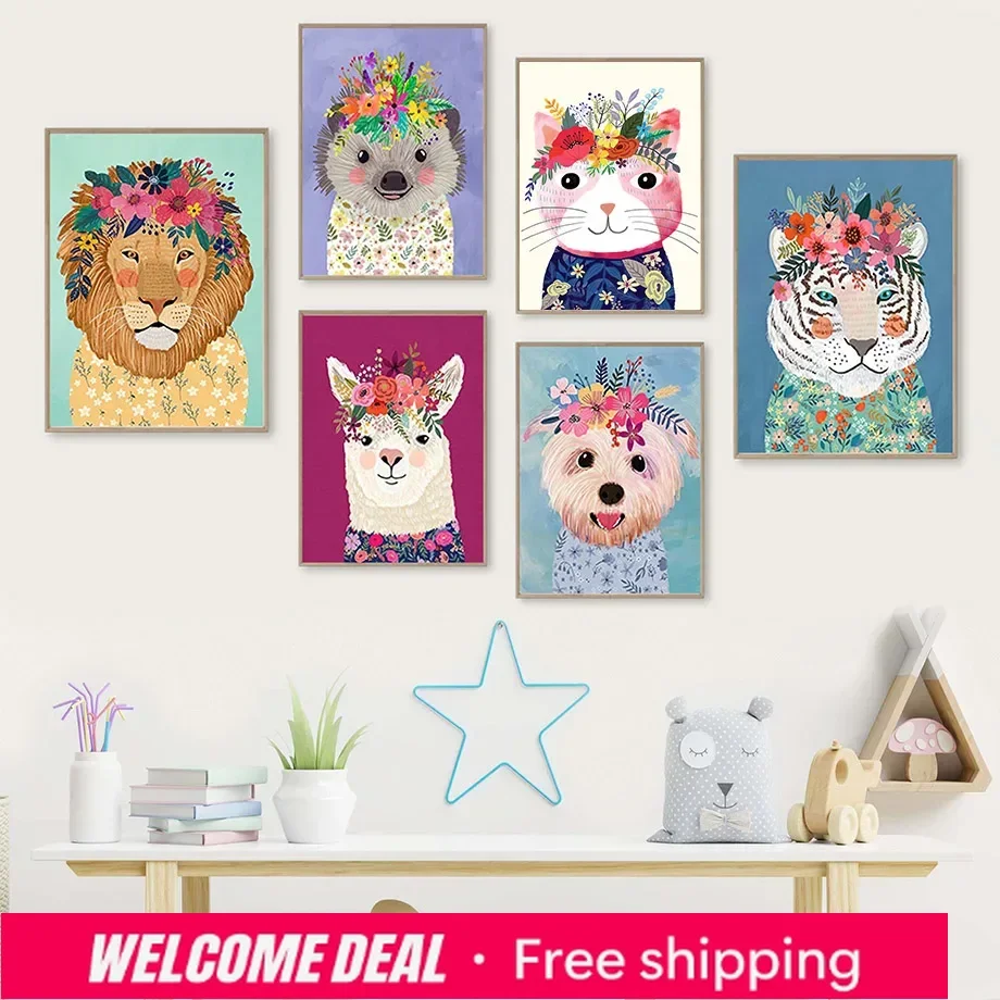 2026 Farbenfrohe Tier-Wandkunstdrucke Löwe Tiger Katze Hund Igel Alpaka Leinwandgemälde Blumen Boho Poster Kinderzimmer