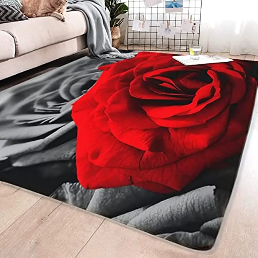 Carpet for Living Room Romantic Black White Red Rose Flower Painting Area Rug Abstract Non-Slip Bedside Floor Mats Home Decor