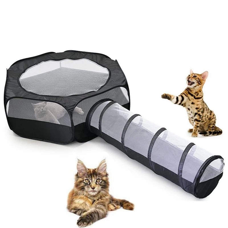 Cat Tunnel Cage House 2 in 1 Interactive Foldable Outside Play Tent and Tunnel for Bunnies Kitten Rabbits Hamster Ferrets